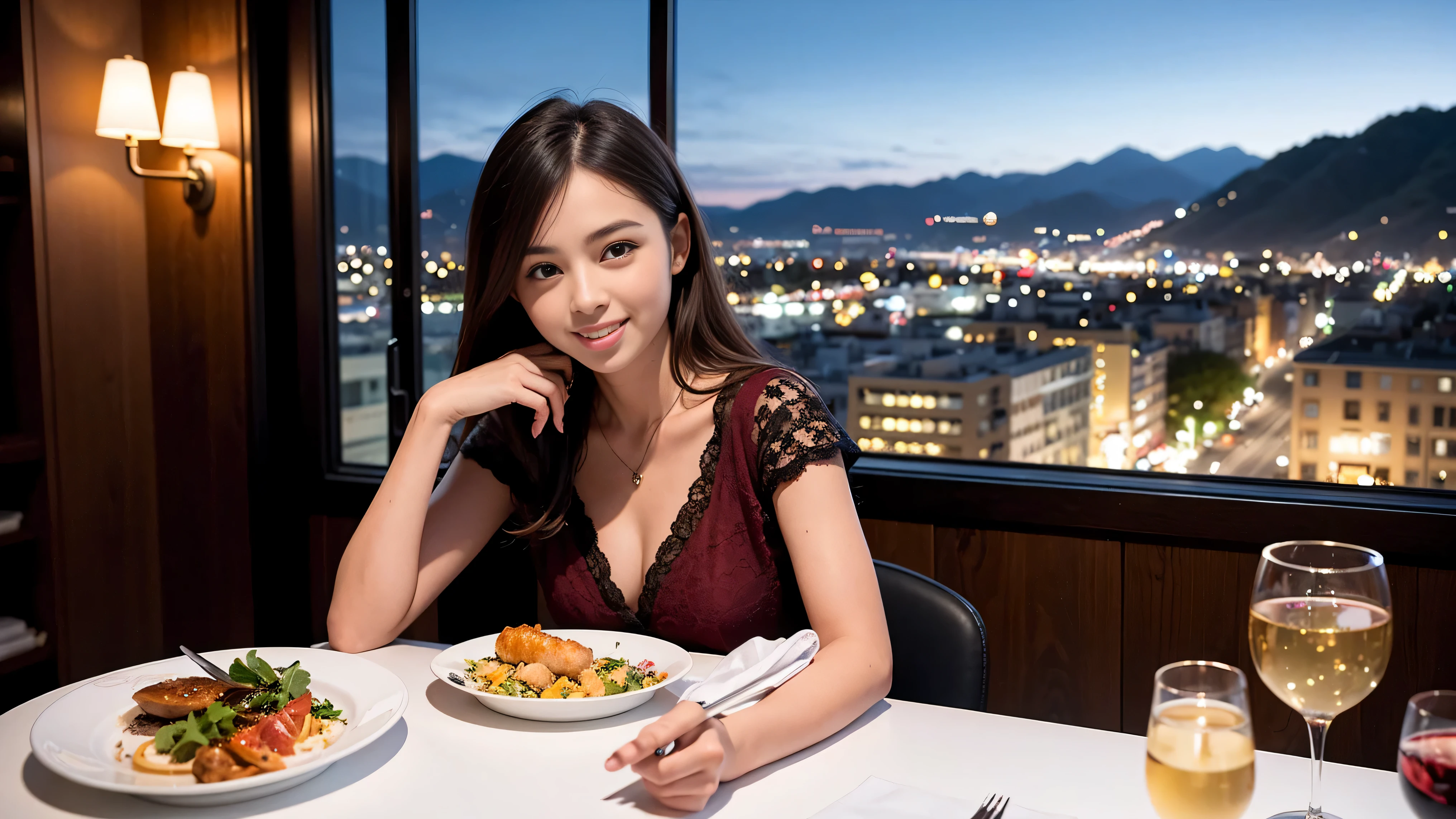 (K UHD, nffsw, top quality, table top: 1.2), (realistic, realistic: 1.37), Spectacular view of the sunset sky and clouds、Amazing mountain views、A bright smile、A lovely woman with a smile、The woman's face is bright、fox face、lady、Wine Party、hors d'oeuvre、Italian food、2 beauties、brown hair、shortcut、long sleeve shirt、winter fashion、dress、Japanese、Englishman、Dutch、German、Belgian、Italian、French,wine bottle、hors d'oeuvre、Champagne、sparkling wine、Pretty Woman 1, (slim face), (Because I'm slender), (brown hair), (shortcut), cheeks turn a little red, (40 years old), 38 years old, attractive beauty、, A beautiful and detailed night view spreads out outside the window.........., restaurant, sitting in a wine glass, At night, in a prominent place (from the waist up) nova frog style, actress, model, Upper body, White wine, slim, wine glass, very beautiful night view, wine glass placed in the middle, Smile, (smile: 1.15), beautiful small eyes,