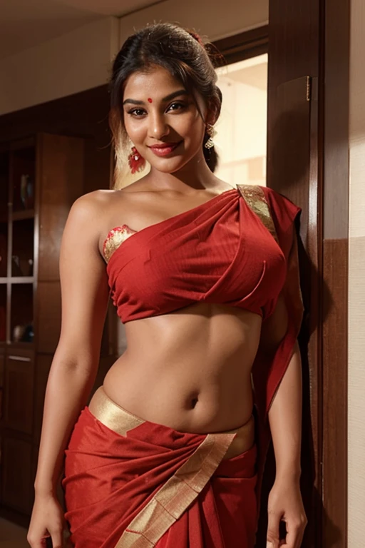 1 indian girl,large breasts,red lips,smile,ponytail,realistic, saree, lookin at viewers