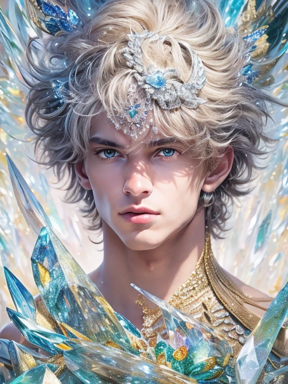 (realistic, Masterpiece, best quality, height, Highly detailed), Handsome young man poses nude surrounded by crystal, The identity of the crystal as a human, 18 year old male, bright colors, realistic light, SPARKLING REFLECTION, Bright and radiant skin, Chisel body, intense stare, striking features, Well-defined jaws, messy hair, Confident and relaxed posture, artistic elements, Elegant and elegant gestures, Fascinating and mesmerizing expression, The man's body is covered with delicate and complex crystals., Create a mesmerizing and ethereal effect., Impeccable attention to detail, Flawless surface rendering, The perfect combination of realism and fantasy, Incredible depth and dimensions, The difference that attracts attention between the smoothness of men's skin and the texture of the crystals, The combination of the human shape with the crystal that surrounds it seamlessly, Causes a sense of elegance, beauty, and mystery, A powerful symbol of purity and strength, embodied by the elements of the crystal., Expertly applied shadows and highlights to enhance the three-dimensional quality of the image., Expertly using colors to create a dream-like atmosphere, Delicate and delicate light and shadow, Create beautiful, spectacular and emotional scenes, Exquisite workmanship and skillful execution, capturing the essence of both the human form and the ethereal beauty of crystals, Create an impressive and memorable viewing experience.front view,full body image,((((Convex crotch)))),big cockbig penis,