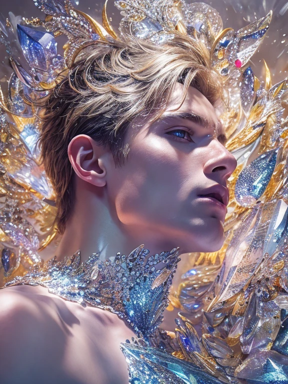 (realistic, Masterpiece, best quality, height, Highly detailed), Handsome young man poses nude surrounded by crystal, The identity of the crystal as a human, 18 year old male, bright colors, realistic light, SPARKLING REFLECTION, Bright and radiant skin, Chisel body, intense stare, striking features, Well-defined jaws, messy hair, Confident and relaxed posture, artistic elements, Elegant and elegant gestures, Fascinating and mesmerizing expression, The man's body is covered with delicate and complex crystals., Create a mesmerizing and ethereal effect., Impeccable attention to detail, Flawless surface rendering, The perfect combination of realism and fantasy, Incredible depth and dimensions, The difference that attracts attention between the smoothness of men's skin and the texture of the crystals, The combination of the human shape with the crystal that surrounds it seamlessly, Causes a sense of elegance, beauty, and mystery, A powerful symbol of purity and strength, embodied by the elements of the crystal., Expertly applied shadows and highlights to enhance the three-dimensional quality of the image., Expertly using colors to create a dream-like atmosphere, Delicate and delicate light and shadow, Create beautiful, spectacular and emotional scenes, Exquisite workmanship and skillful execution, capturing the essence of both the human form and the ethereal beauty of crystals, Create an impressive and memorable viewing experience.front view,full body image,((((Convex crotch)))),big cockbig penis,