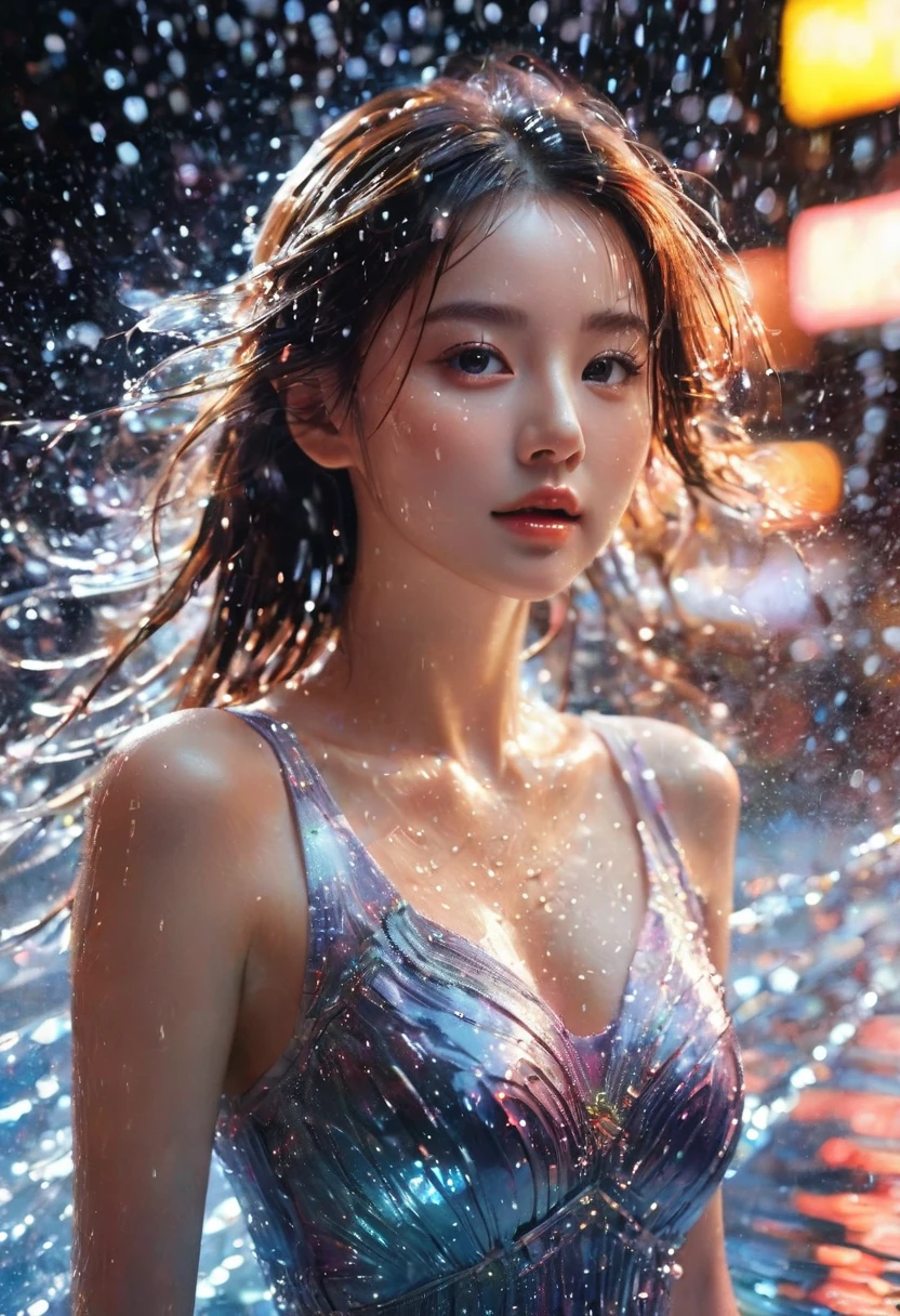 1girl，beautiful，blingbling，Motion blurred，water droplets，Movie-level lighting effects