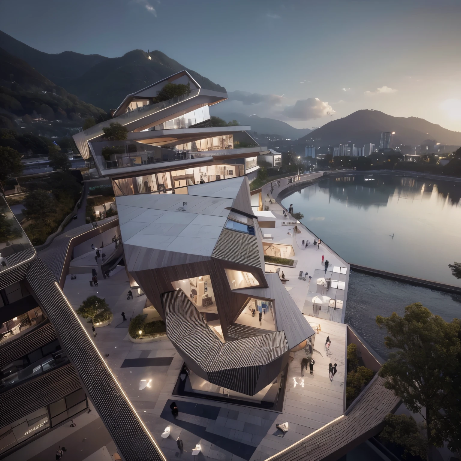 masterpiece, best quality, high resolution, 1 modern residential design, looking down，platform，On the left is the primary school，中间为住区公共platform，platform开口有树木生长，Good sight and lighting，Satisfy young people&#39;s pursuit of comfortable living。