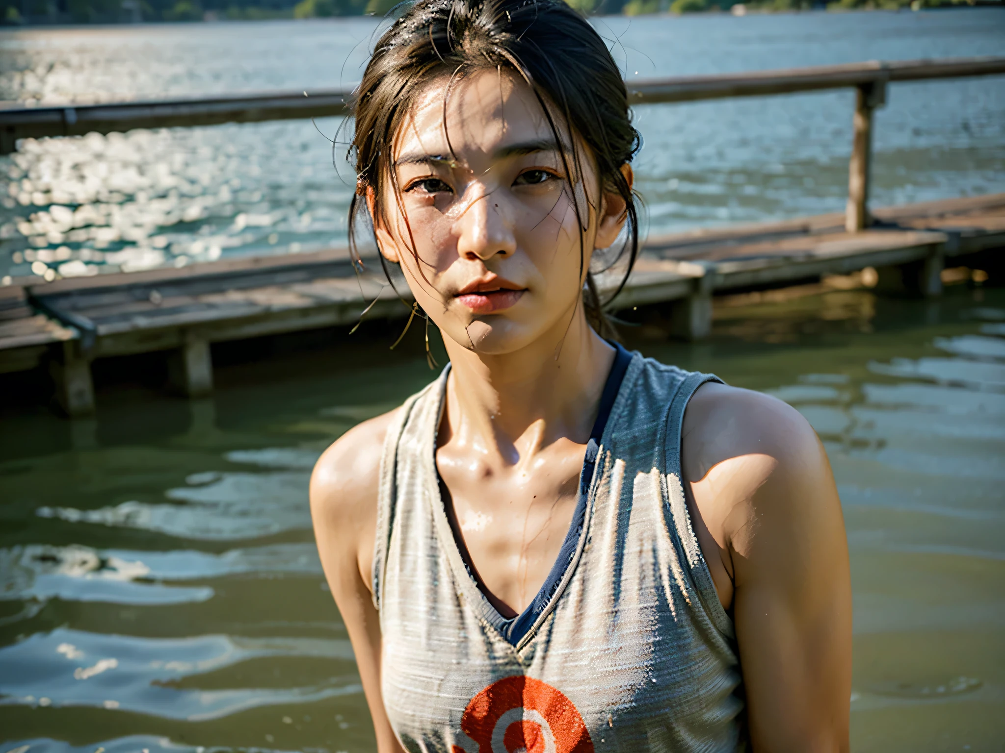 (realistic,photorealistic:1.37), portraits, outdoor, Chinese young man, 40 years old, standing by the river, holding a fishing rod, sweat on his face, detailed face and expression, cohesive composition, unified color tones