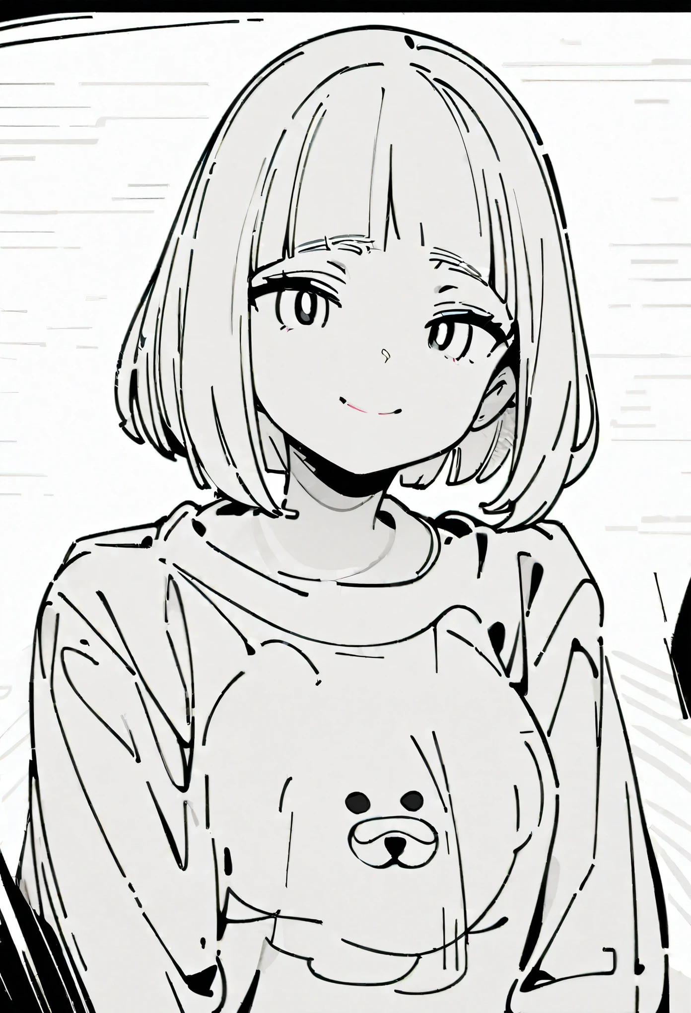 Comic Line Art,black and white line drawing,Black and White,girl,short hair,Qi bangs,Bear pattern sweatshirt,Smile,bust,Clear and smooth lines,8k,masterpiece