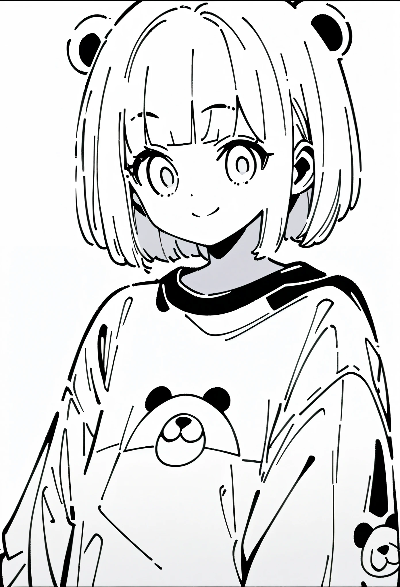 Comic Line Art,black and white line drawing,Black and White,girl,short hair,Qi bangs,Bear pattern sweatshirt,Smile,bust,Clear and smooth lines,8k,masterpiece