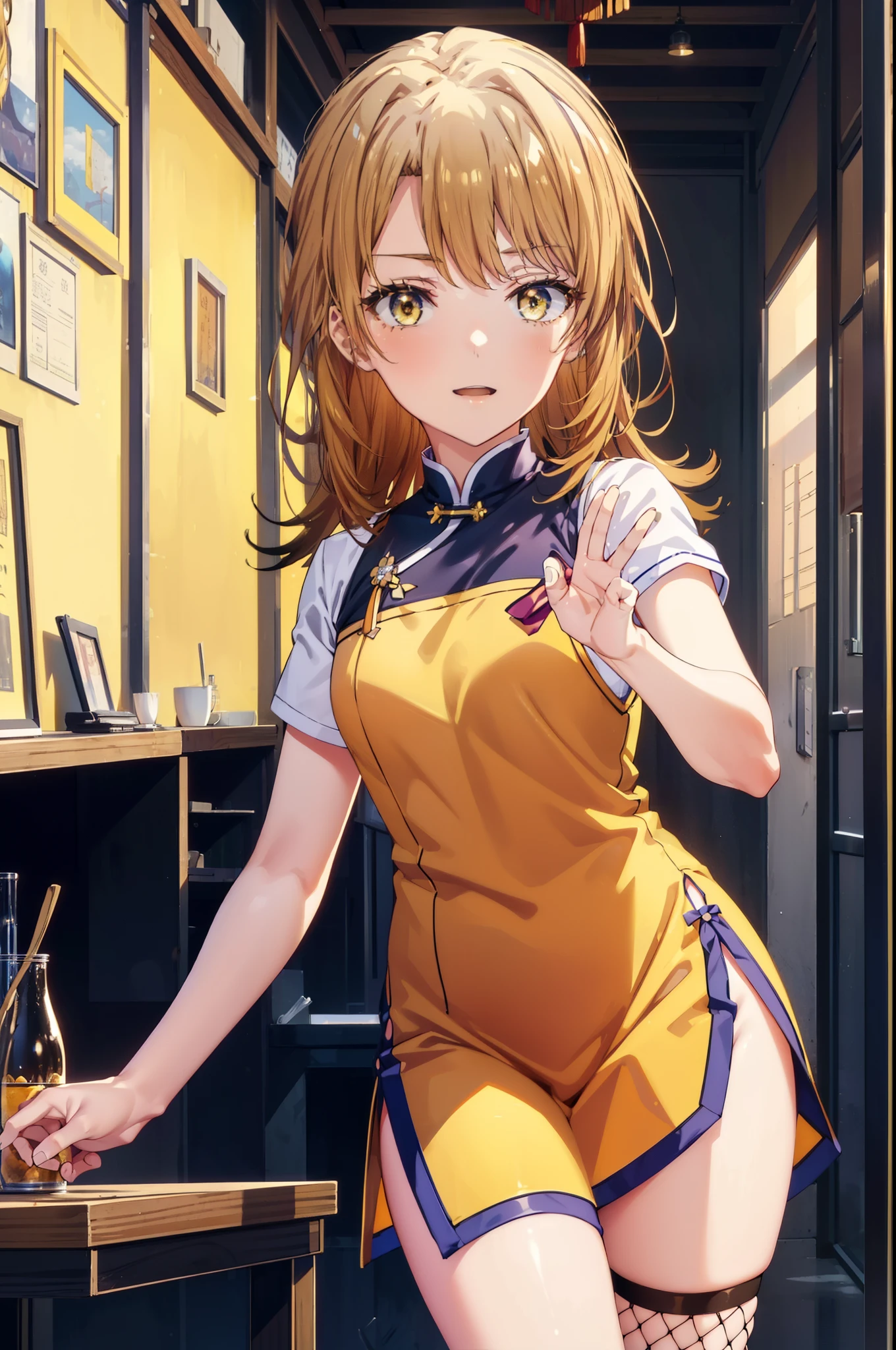 irohaisshiki, iroha isshiki, long hair,brown hair,, (brown eyes:1.5), happy smile, smile, open your mouth,No sleeve,yellow cheongsam clothes,Yellow long slit,Fishnet tights,stiletto heels,whole bodyがイラストに入るように,
break indoors, Chinese Restaurant,
break looking at viewer,whole body,(cowboy shot:1.5),
break (masterpiece:1.2), highest quality, High resolution, unity 8k wallpaper, (shape:0.8), (fine and beautiful eyes:1.6), highly detailed face, perfect lighting, Very detailed CG, (perfect hands, perfect anatomy),