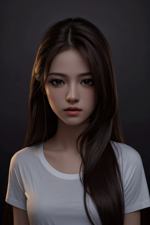 highest quality, masterpiece, ultra high resolution, (realistic:1.37), Raw photo, 1 girl, long hair, beautiful eyes, beautiful face, small eyes and face, T-shirt, dynamic lighting, in the dark, deep shadow, discreet key, cowboy shot