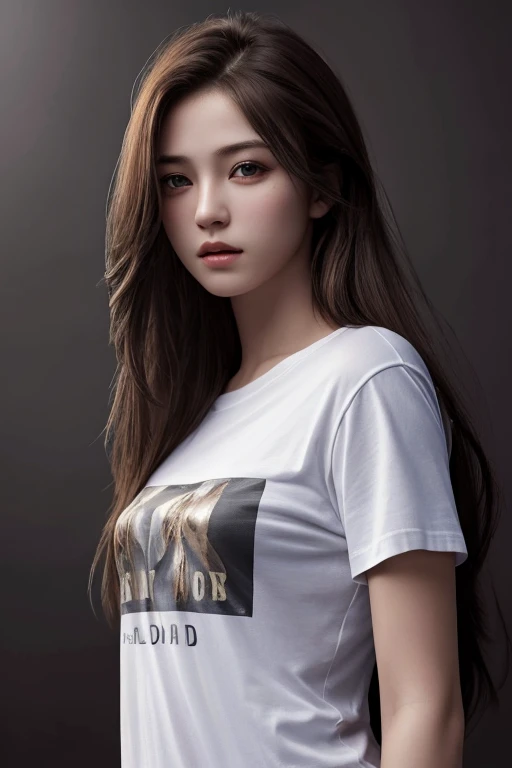 highest quality, masterpiece, ultra high resolution, (realistic:1.37), Raw photo, 1 girl, long hair, beautiful eyes,  beautiful face, small eyes and face, T-shirt, dynamic lighting, in the dark, deep shadow, discreet key, cowboy shot