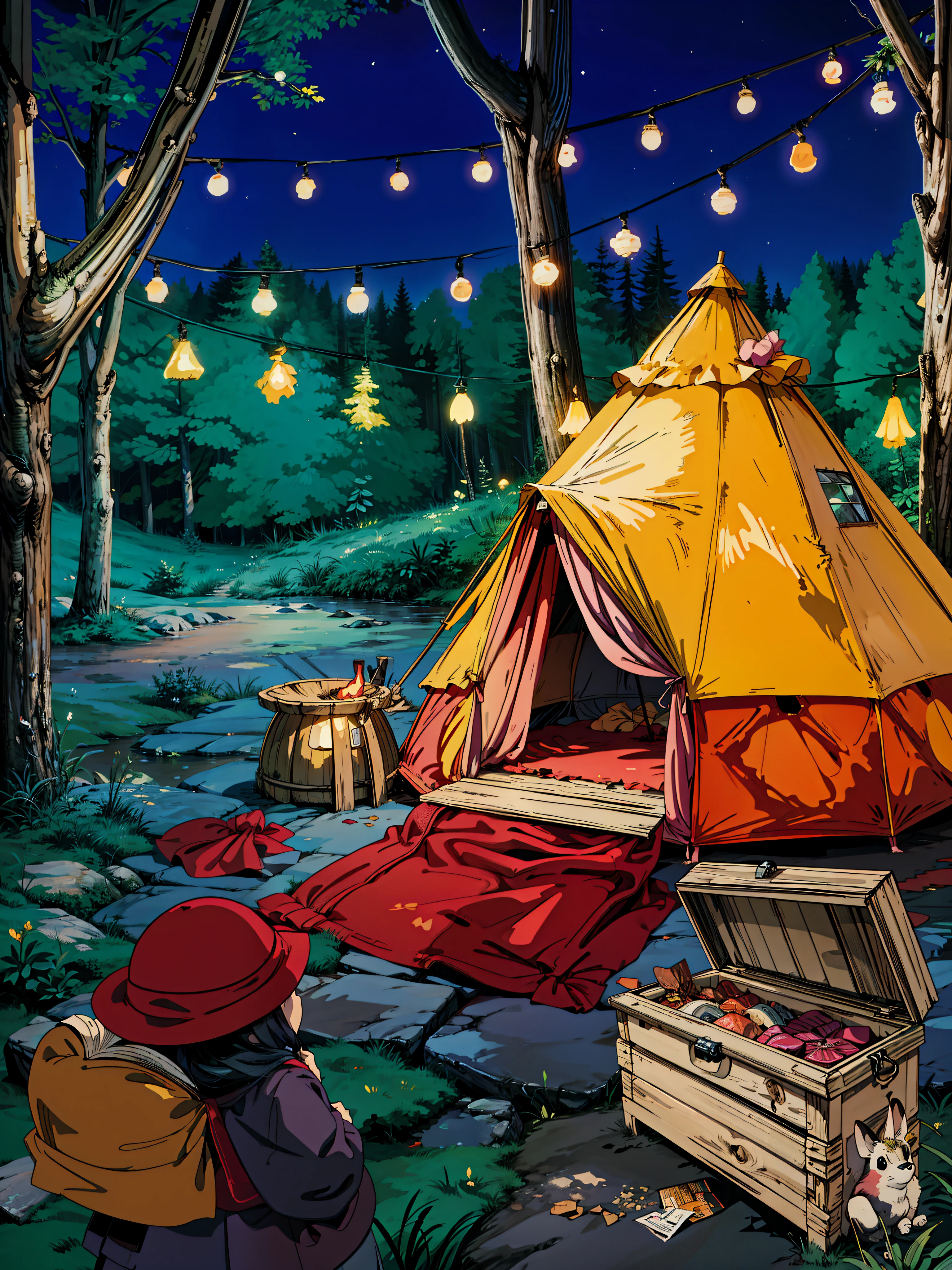   a tent in the woods, sweet night ambient, night forest background, official artwork, tent, campfire background, nightime village background, cover art, night forest, tents, quiet forest night scene, sukkot, magical forest backround, glamping, promotional art, magical feeling vibes, music album art, children's book cover, 1001 nights,  4k hd,, beautiful art uhd 4 k, a beautiful artwork illustration, beautiful digital painting, highly detailed digital painting, beautiful digital artwork, detailed painting 4 k, very detailed digital painting, rich picturesque colors, gorgeous digital painting