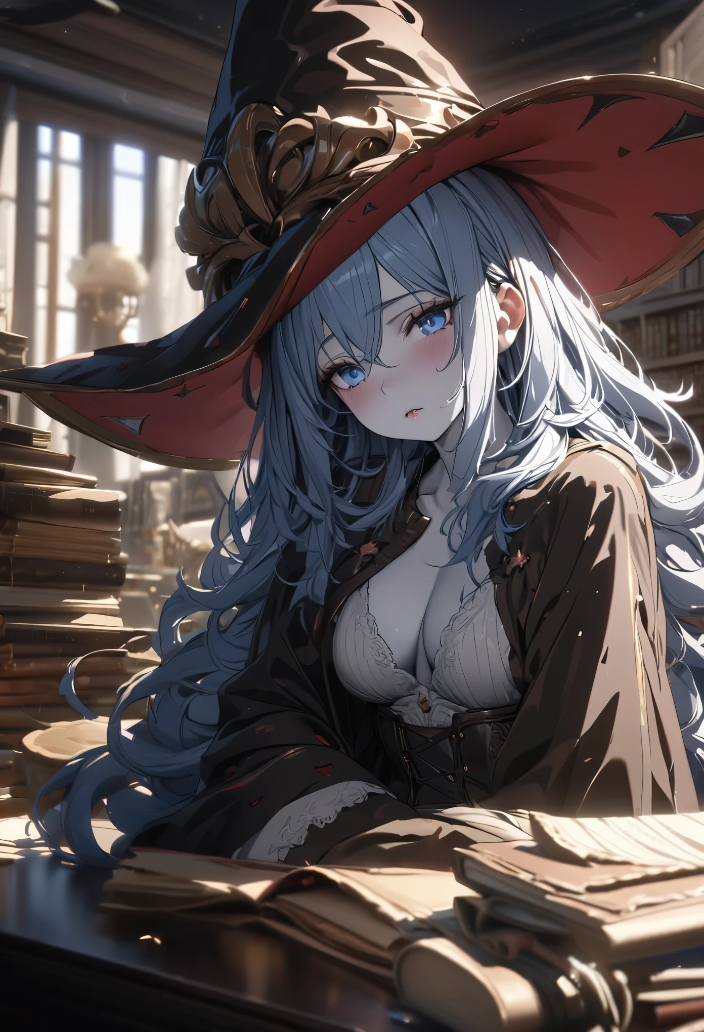 (absurdres, highres, ultra detailed), masterpiece, perfect resolution, great detail, super detailed, detailed face, ((unhealthy, NEET, unhealthy pale skin, pink dry lips)), blue eyes, light eyes, eyeshadow, tired looking, tired eyes, medium breasts, light blue hair, messy hair, unkept hair, long hair, dense hair, mane hair, library scenery, dark robes, witch hat, corset, emotionless face, depth of field, (25 years old), cinematic lighting, ray tracing, depth of field, cinematic lighting, ray tracing, UHD, high details, best quality, highres, high quality, award winning, super detail, masterpiece, 8k, UHD, high details, best quality, highres, high quality, award winning, super detail, masterpiece, 8k, digital art, anime coloring