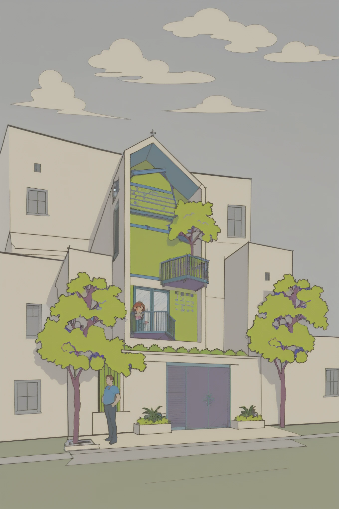a drawing of a house with a balcony and a balcony, concept house, architectural concept, architectural illustration, architecture drawing, residential design, sketch illustration, illustration detailed, frontview, sketch - up, in style of simplified realism, residential, architectural sketch, exterior design, by Basuki Abdullah, green house, architectural concepts, architecture concept, cartoonish and simplistic