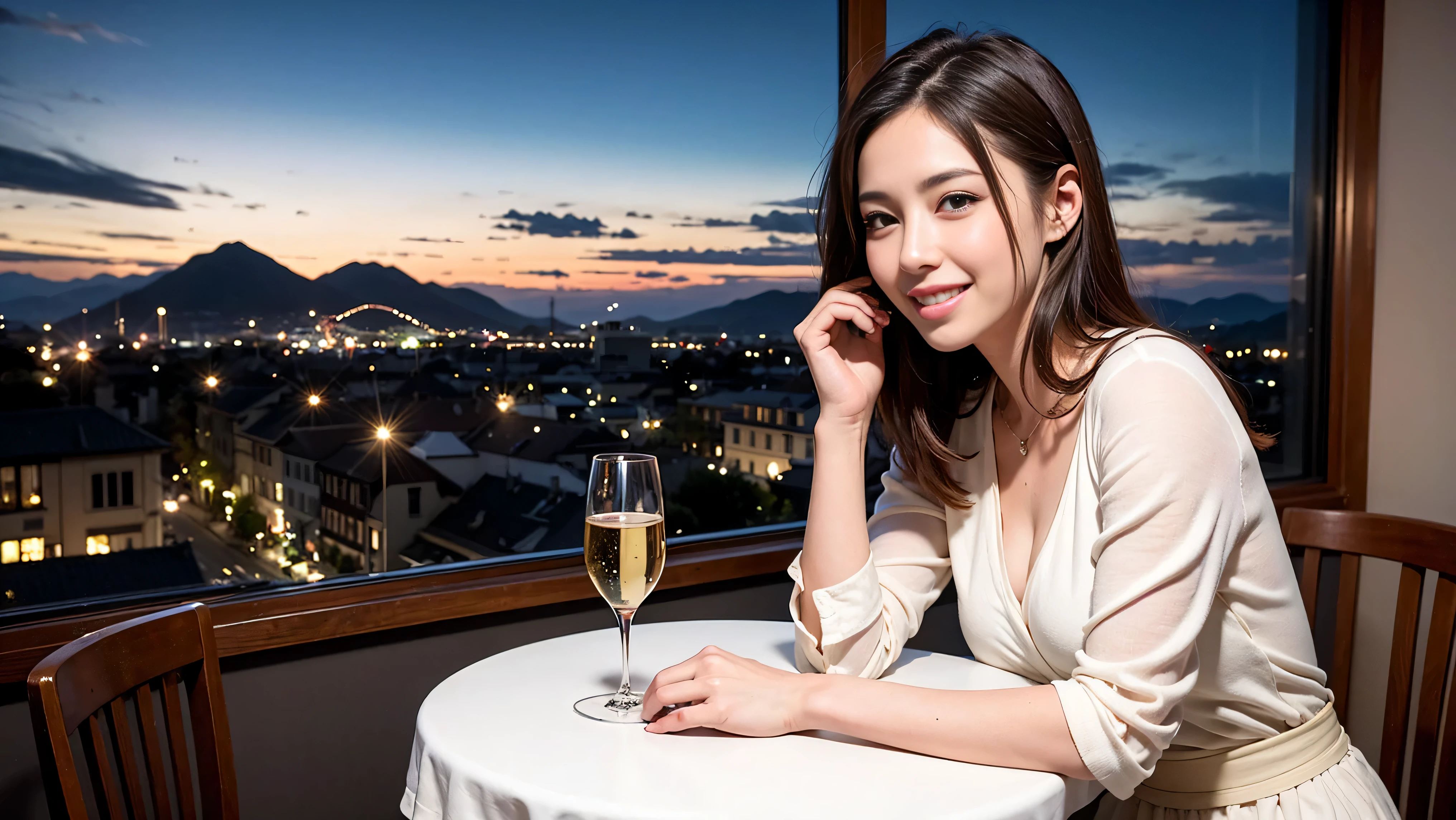 (K UHD, nffsw, top quality, table top: 1.2), (realistic, realistic: 1.37), Spectacular view of the sunset sky and clouds、Amazing mountain views、A bright smile、A lovely woman with a smile、The woman&#39;s face is bright、fox face、lady、Wine Party、hors d'oeuvre、Italian food、2 beauties、brown hair、shortcut、long sleeve shirt、winter fashion、dress、Japanese、Englishman、Dutch、German、Belgian、Italian、French,wine bottle、hors d'oeuvre、Champagne、sparkling wine、Pretty Woman 1, (slim face), (Because I&#39;m slender), (brown hair), (shortcut), cheeks turn a little red, (40 years old), 38 years old, attractive beauty、, A beautiful and detailed night view spreads out outside the window.........., restaurant, sitting in a wine glass, At night, in a prominent place (from the waist up) nova frog style, actress, model, Upper body, White wine, slim, wine glass, very beautiful night view, wine glass placed in the middle, Smile, (smile: 1.15), beautiful small eyes, 