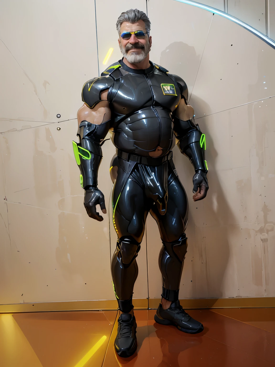 full body portrait, strong burly hairy mature older man(space captain), wearing futuristic captain's uniform insignia (neon and black) (open and revealing) (latex) , gray hair, broad shoulders, round belly, thick feet, bulging micro thong, barefoot, scifi spaceship captain uniform, neon lights, best quality elegant masterpiece, face looks like Tom Selleck (Magnum PI) , military buzzcut, dark mustache, gray stubble, latex, wearing a latex thong, big bulging crotch, futuristic gear equipment, wearing see through plastic chest armor (neon yellow and electric blue), wearing neon yellow see through chest armor, wearing electric blue latex chaps(see-through) , wearing cool neon sneakers,in spaceship cockpit, lying in spaceship sleeping quarters(bed) (view from above), smiling with teeth showing, nicebulge, waiting in bed, glowing armor, legs up(!) and spread(!) , big muscle ass, wet and dripping ass, visible asshole(!) , wet asshole, hairy pecs, thick long legs, silver hair, reflective sunglasses (neon yellow rims)