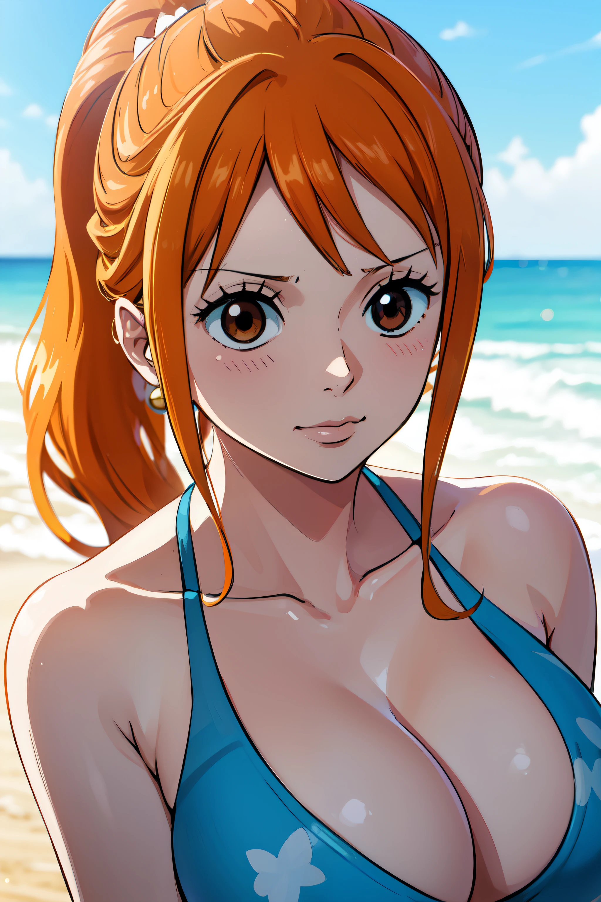 Nami from One Piece, long orange ponytail hair, beautiful brown eyes, blushing cheeks, wearing a vibrant bikini, enjoying a sunny day at the beach. The art style should resemble a captivating anime style.
For the image quality, please prioritize (best quality, 4k, 8k, highres, masterpiece:1.2), ultra-detailed, and (realistic, photorealistic, photo-realistic:1.37) rendering. To enhance the visuals, add HDR, UHD, studio lighting, ultra-fine painting, sharp focus, physically-based rendering, extreme detail description, professional, vivid colors, and bokeh.