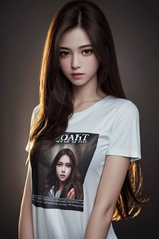 highest quality, masterpiece, ultra high resolution, (realistic:1.37), Raw photo, 1 girl, long hair, beautiful eyes, beautiful face, small eyes and face, T-shirt, dynamic lighting, in the dark, deep shadow, discreet key, cowboy shot
