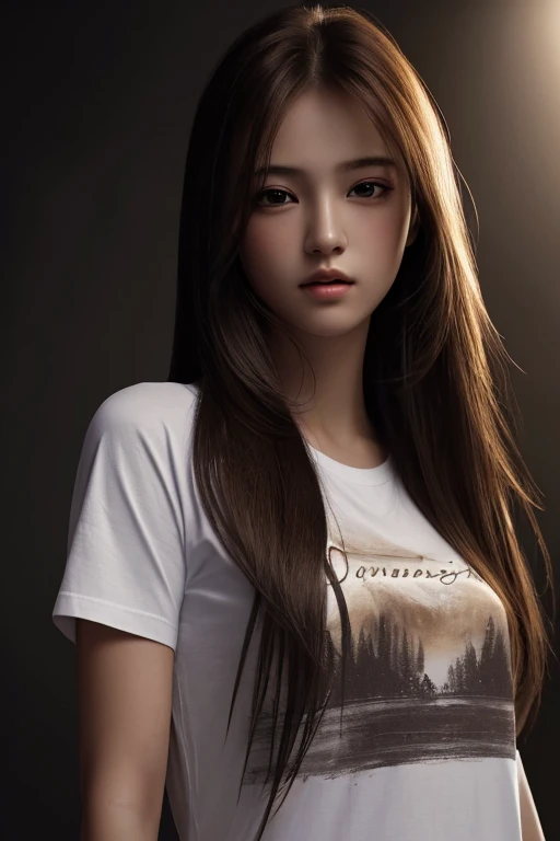highest quality, masterpiece, ultra high resolution, (realistic:1.37), Raw photo, 1 girl, long hair, beautiful eyes, beautiful face, small eyes and face, T-shirt, dynamic lighting, in the dark, deep shadow, discreet key, cowboy shot