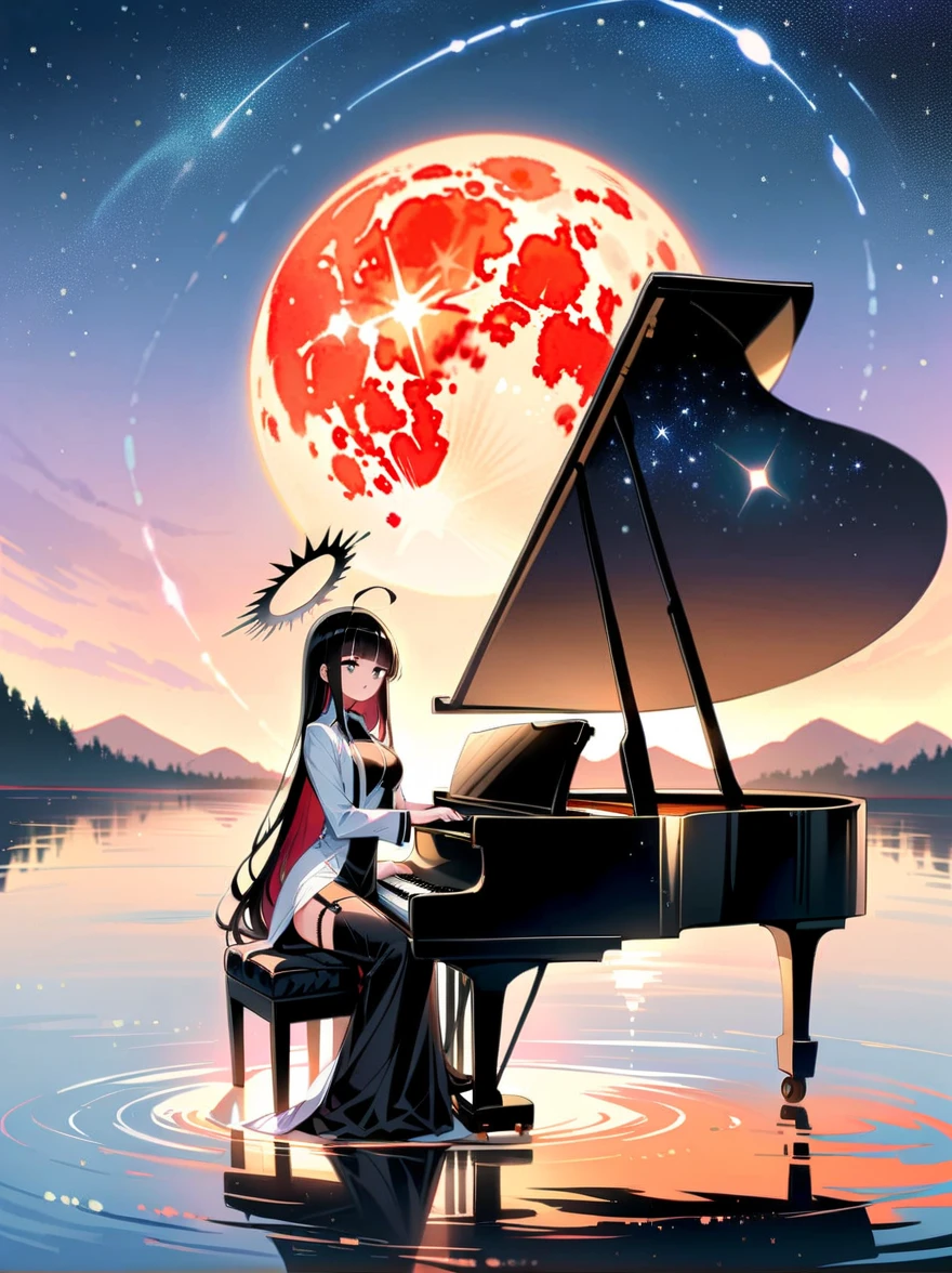 Piano Girl, masterpiece, high quality, side view, (Eye Level), long Shot, ((Sunset gorgeous starry sky)), (total solar eclipse:1.4), (huge lake background :1.2), (in the middle of the lake:1.4), (sitting on a piano chair, playing the piano:1.5), (gorgeous piano), elegant girl, (solo:1.3),((1girl)), long hair,(extremely long black hair:1.4), hair over shoulder, (blunt bangs),(ahoge),(black stone angel halo :1.2),(beautiful black gray eyes :1.3), (glowing gray and black eyes), smile, mocking smile, musician style clothing, (white musician suit :1.3), (white and black tone clothing), (black scarf), black skirt, (black garter straps:1.3), black student small leather shoes, thin, sexy, (medium breast :1.2), Tall build, medium height