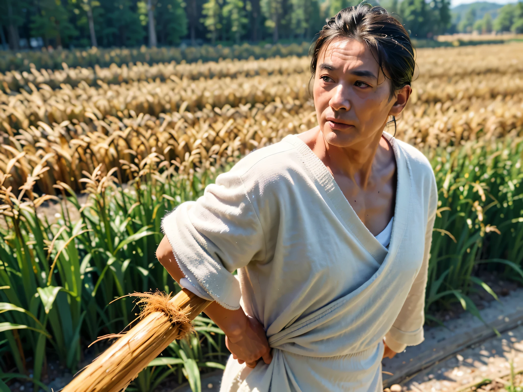 (best quality,4k,8k,highres,masterpiece:1.2),ultra-detailed,realistic:1.37,photography,films,candid,Chinese old man,50-year-old,standing in a cornfield,holding a hoe,wearing a white towel,clean-shaven with a calm expression,natural lighting,color grading