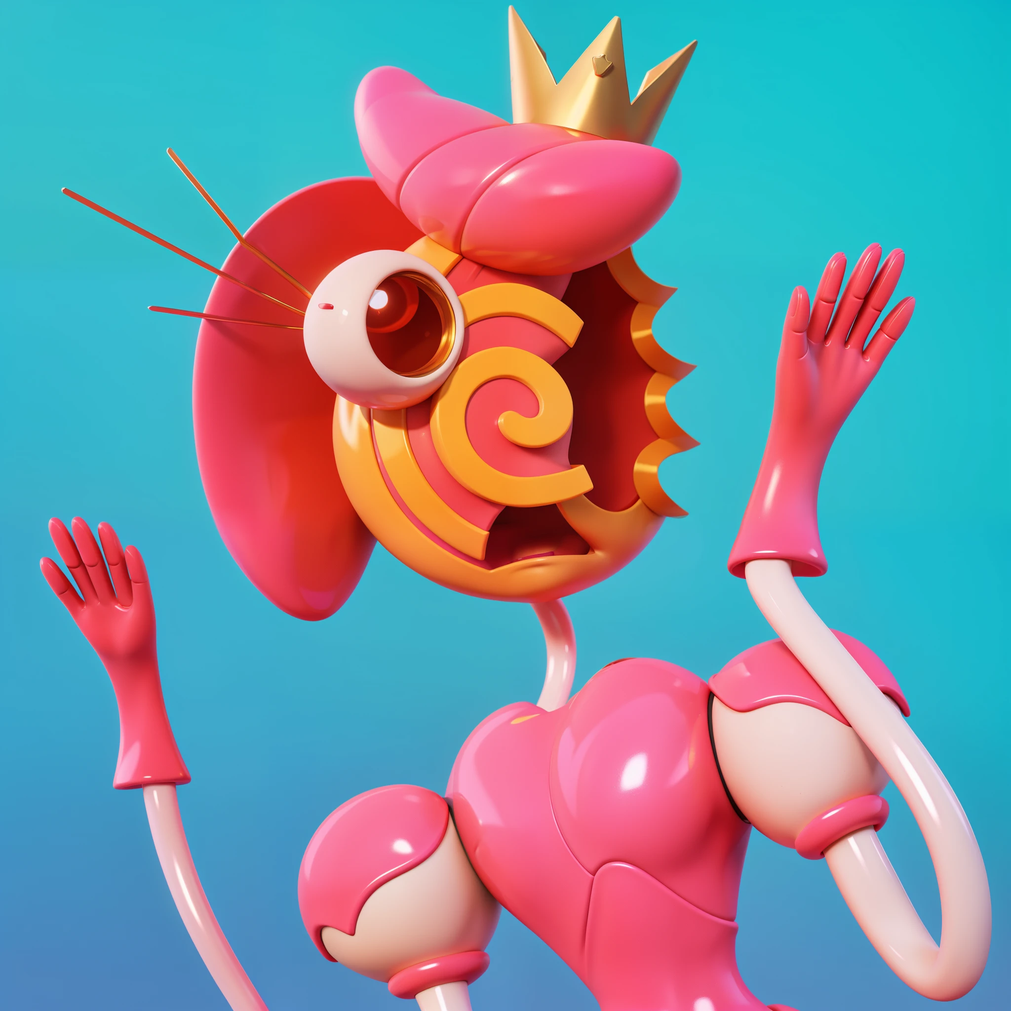 A pink character with a gold crown, Close-up of a cartoon character wearing a pink dress and light, hands pink gloves pink cult character, гуманоид розовый женский кальмар young woman, animated character, Frightened eyes, Beautiful pink little alien, Radiant face, character close up, humanoid character, Stylized 3D, chewing body, stylized character, 3D character, 3rd character a sad face, . It has two golden loops around its body. There is, iconic character with high detail, 2 d illustration, 2D illustration, stylized digital illustration, art of mobile games, in the elevator, Digital illustration -, Game illustration, mobile game background, 2d digital illustration, evil. bright colors. Cute, toy, glossy texture, smooth 3d model, A character head, wearing a pink dress and a crown, 3D icon for mobile game, cartoon key frame rendering, Cute 3D рендеринг, Friendly cat, Shiny metallic, zbrush color rendering. perfect cgi, cgi art created only with gradients, smooth silhouette, high intensity refraction, (plastic material), most beautiful vfx, blue background, plastic refractions, pink mommy long legs toy, glossy texture, smooth 3d model, multiple light sources, rim light, sharp post effects render, (glossy plastic texture with multiple big light probe refractions), perfect cgi, cgi art created only with gradients, smooth silhouette, high intensity refraction, (plastic material), most beautiful vfx, blue background, plastic refractionsмультяшная young woman , Чаки style, animated character, dancing character, 3rd character render, April render, 3rd character art, 3rd character, 3D character, Cartoon character, young woman, 3D rendering of characters 8k, Tuni, 3D rendering stylized
