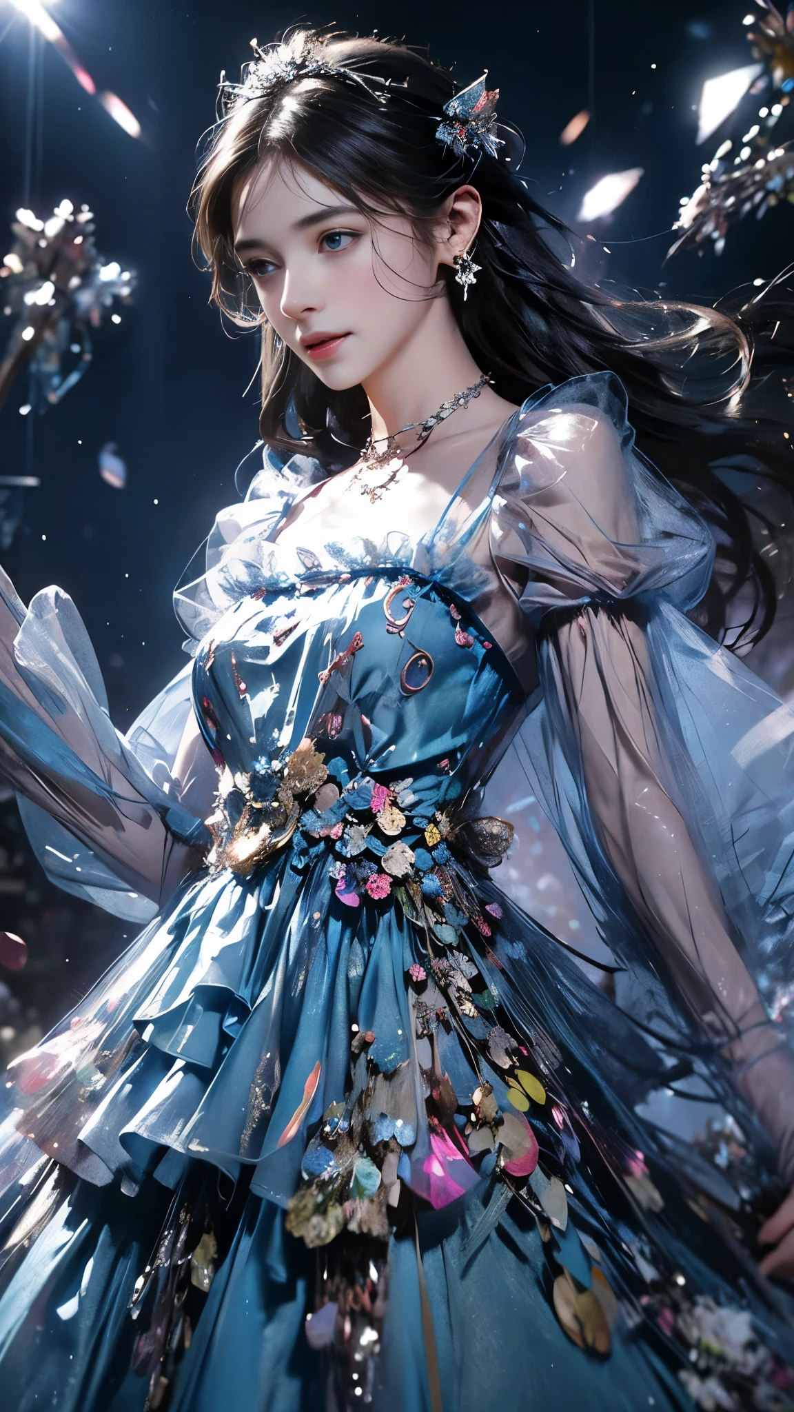 8K, ultra hd, masterpiece, 1 girl, (good face:1.4), detailed eyes, very long hair, impressive hairstyle, earings, necklace, small breasts, (blue outfit:1.5), see-through, tulle dress, (fantasy outfit:1.5) Light-colored foundation brings out the transparency of the skin, (in the wonderland:1.5), mystery, diwali lights, glowing lights, very decoration, The moonlight falls like water, perfect body,