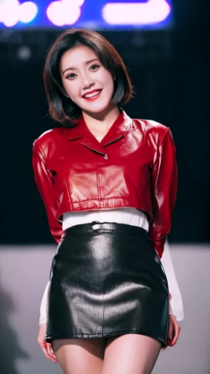 Japanese beauty, 20 years old, smile, a red leather tight miniskirt .