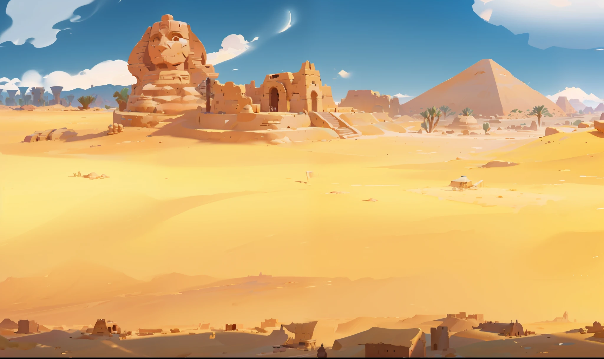 There are desert scene Egyptian architectural ruins, background art, Painted into game concept art, Stylized concept art, Background art, Desert Environment, Architectural Heritage Background, Digital Painting concept art, concept art, Sand and Desert Environment, concept art Style, Architectural Heritage, 2d concept art, Desert Wasteland, Environment, Landscape game concept art