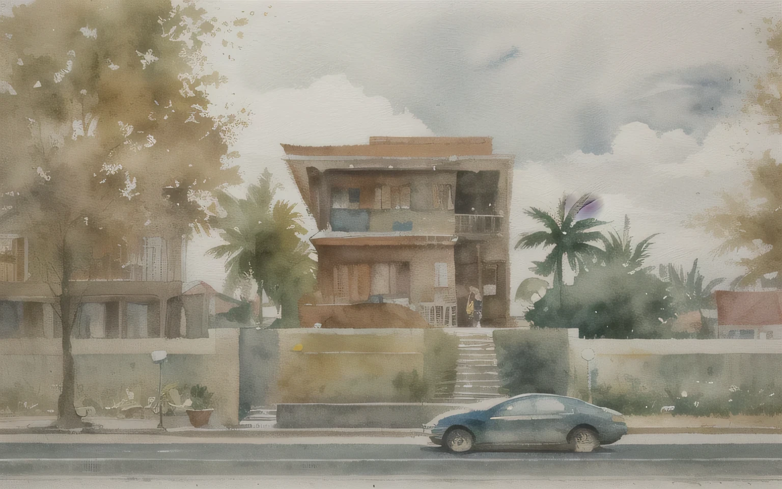 miaobishenghua , ArchiZHS, architecture building, many trees, street, people, car, watercolor style