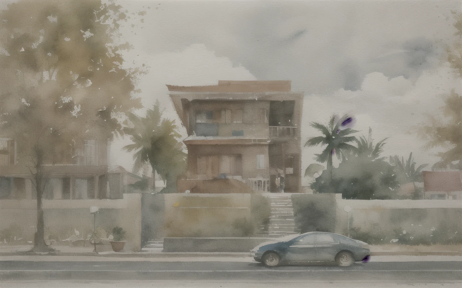 miaobishenghua , ArchiZHS, architecture building, many trees, street, people, car, watercolor style