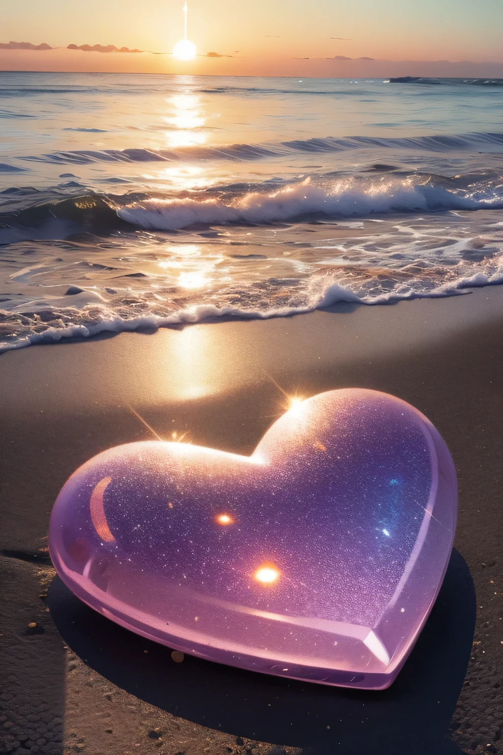 Sunset beach covered with shiny glass pebbles, colorful. One heart shape