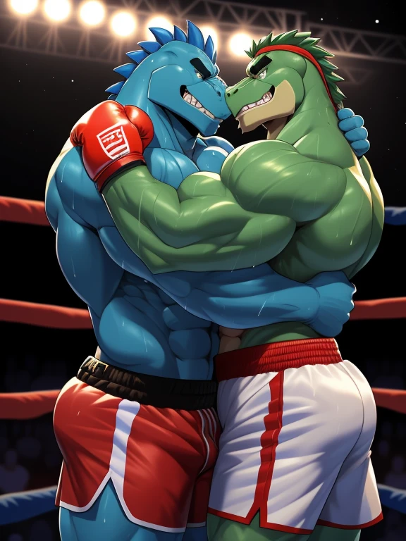 Duo big male fighters(Green Gator vs Blue Gator, handsomes, perfect eyes, Thick eyebrows), beso gay((Cuddling embraced in a boxing match, back perspective)(cuddling body frottage)), hot(Full body, shirtless), handsomes(They are handsomes, correct anatomy), musculosos(Big muscle bodies, Six packs, muscle abs, big pecs, muscle legs, muscle backs), sweaty(very sweaty wet bodies), tatuajes(they have tattoos), Angry(They have an angry expression), Boxing gloves(They both are wearing boxing gloves), boxers(They are wearing shorts boxers), Hight resolution