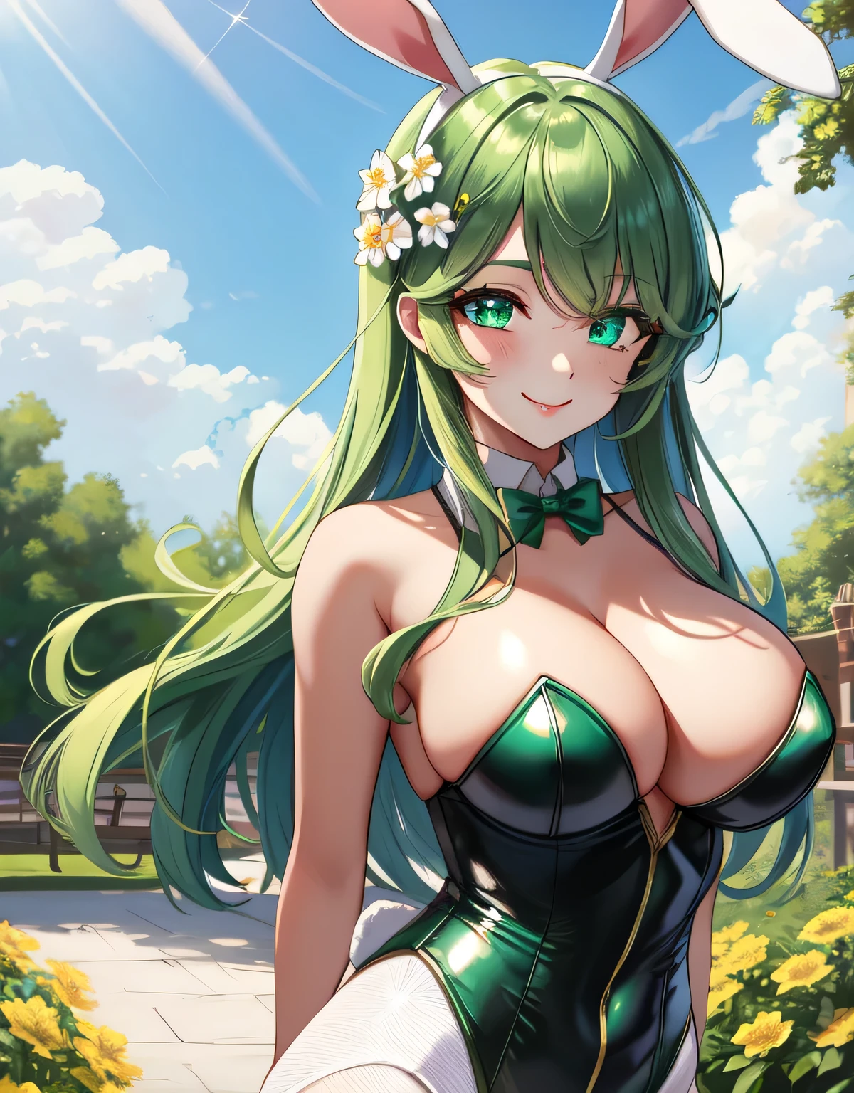 palla_easter,long hair,hair ornament,animal ears,deep cleavage,flower,pantyhose,hair flower,rabbit ears,leotard,fake animal ears,playboy bunny,white pantyhose,(large breasts:1.5),(shiny,hair),((solo)),((masterpiece)),((best quality)),perfect anatomy,slim waist,perfect image,8k UHD,(beautiful detailed eyes:1.5),extremely detailed face,standing,(upper body:1.2),(look at the front:1.5),(arms behindback),ultra-detailed,absurdres,highres,outdoors,smile,light green hair,(green eyes),