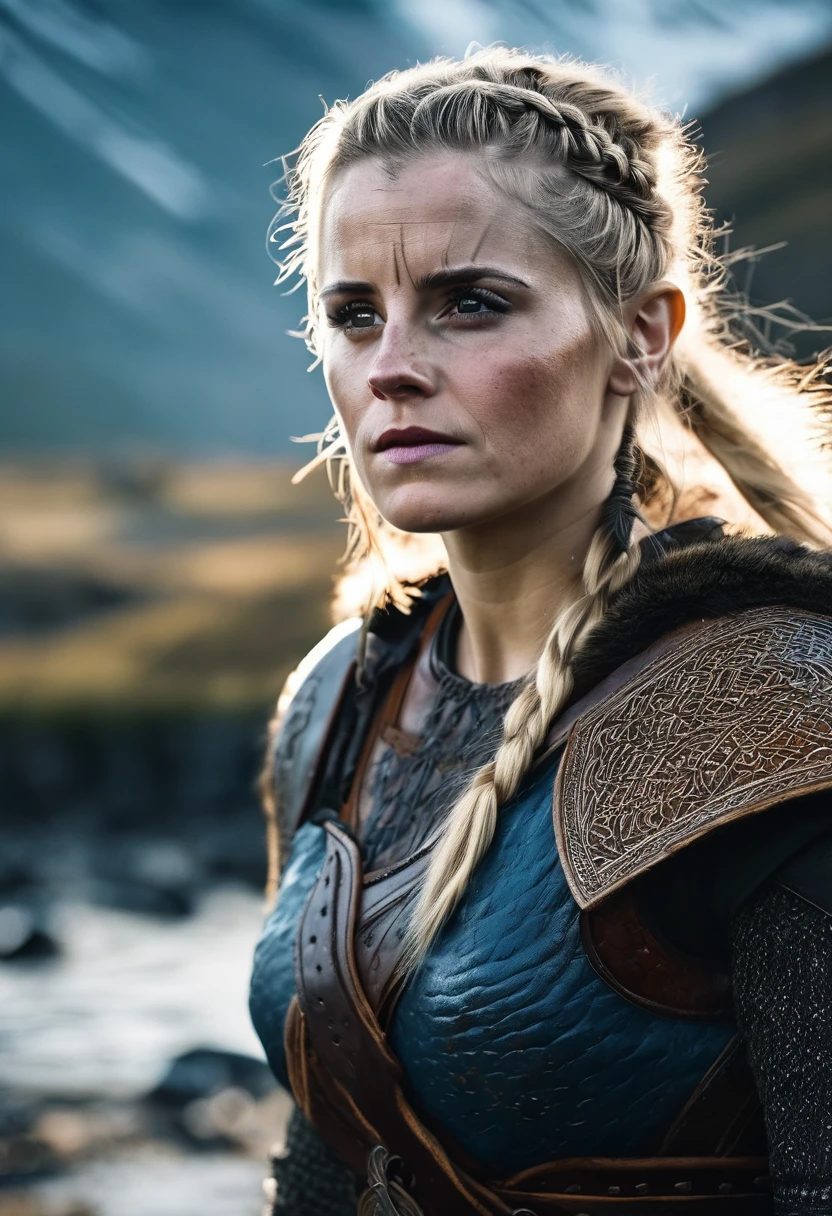 cinematic photo full shot of (((ohwx woman))) (viking woman), scandinavian, 35 years old, chubby, natural body, "Emma Watson" (light blonde hair braids)(medieval viking clothing) in Hellblade: Senua's Sacrifice, emerging from black mud, long hair with dreads, war blue paint, paint fading, angry expression, dirty face, finely detailed eyes, moody, viking clothes, epic scene, epic composition, Photography, Volumetric Lighting, ethereal light, intricate details, extremely detailed volumetric rays . 35mm photograph, film, professional, highly detailed, Cinematic Lighting, bokeh, 4k