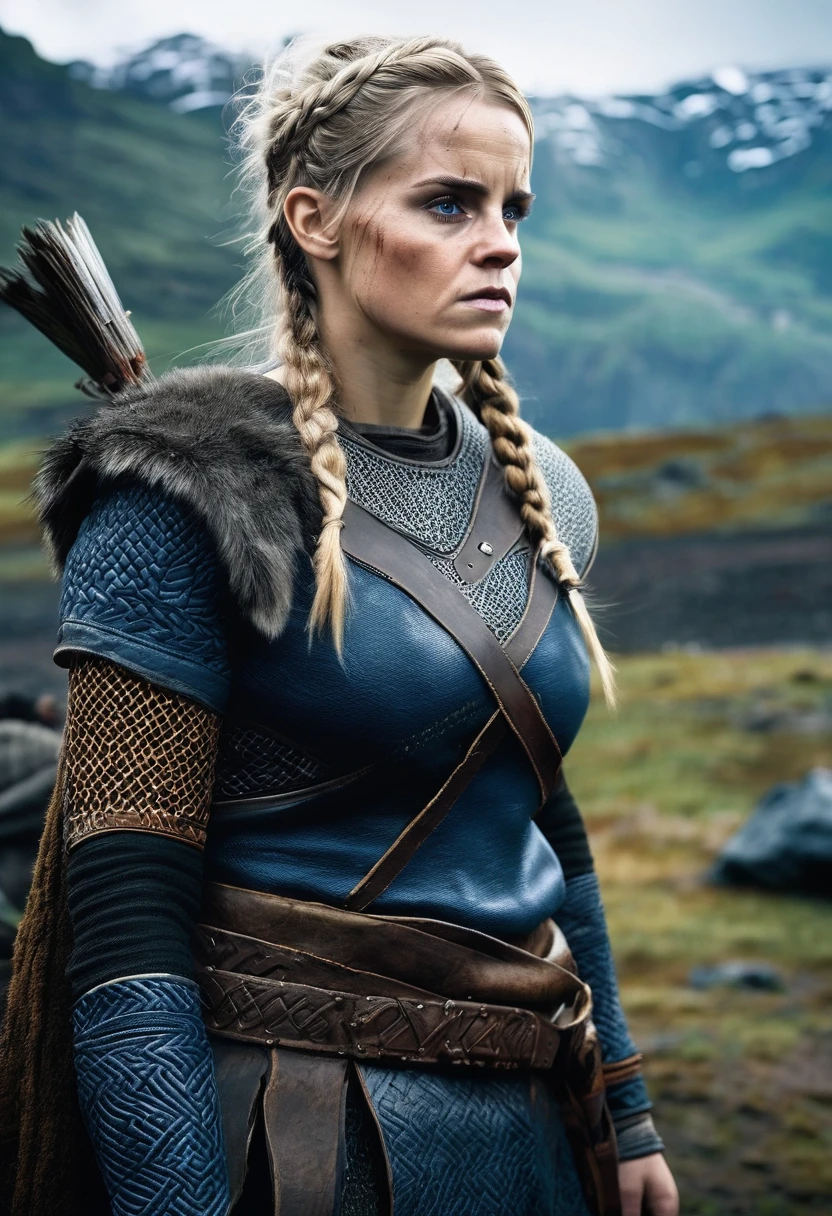 cinematic photo full shot of  (((ohwx woman))) (viking woman), scandinavian, 35 years old, chubby, natural body, "Emma Watson" (light blonde hair braids)(medieval viking clothing) in Hellblade: Senua's Sacrifice, emerging from black mud, long hair with dreads, war blue paint, paint fading, angry expression, dirty face, finely detailed eyes, moody, viking clothes, epic scene, epic composition, Photography, Volumetric Lighting, ethereal light, intricate details, extremely detailed volumetric rays  . 35mm photograph, film, professional, highly detailed, Cinematic Lighting, bokeh, 4k