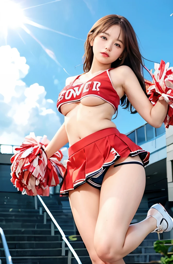 ((mini skirt:1.3)),(((topless:1.3))),(((show panties:1.3))),((Cheerleader:1.3)),(highest quality,4k,8K,High resolution,masterpiece:1.2),1 beautiful woman,16 years old,35mm lens,f/1,realistic chest,(((seductive pose))),soft sunlight,bright colors,playful expression