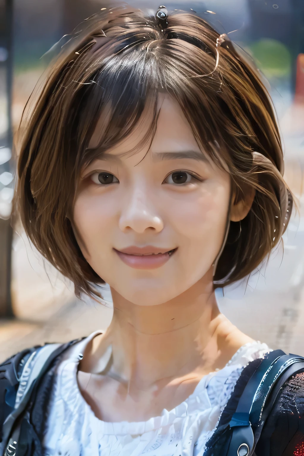 18 year old girl,(short cut hair:1.5)、big smile, super close up shot,