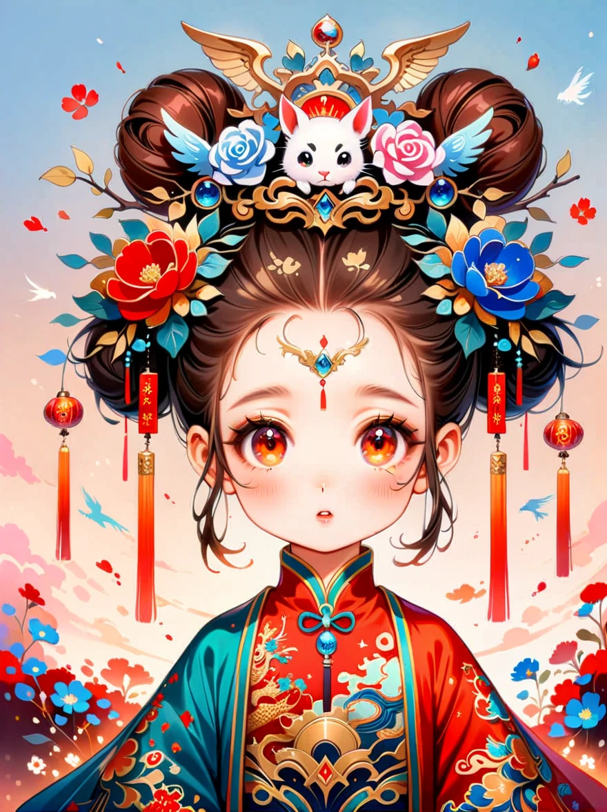 Works of Chinese style masters，shining，dream色彩，art，Ethereal，dream，((美轮美奂的5 精灵小女孩))，(((5 years oldo))，cute，kawaii，Detailed facial features of a child，glowing eyes，Ethereal光辉，wonderland，(Little)，((Bun hair bun))，composition，Dazzling colors，Stunning visual effects，otherworldly appearance，Fascinating artistry，(anatomically correct, 8k)