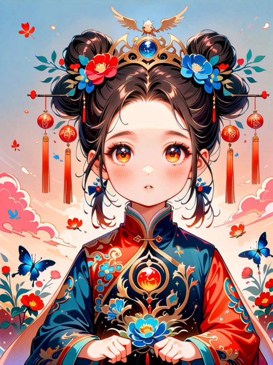 Works of Chinese style masters，shining，dream色彩，art，Ethereal，dream，((美轮美奂的5 精灵小女孩))，(((5 years oldo))，cute，kawaii，Detailed facial features of a child，glowing eyes，Ethereal光辉，wonderland，(Little)，((Bun hair bun))，composition，Dazzling colors，Stunning visual effects，otherworldly appearance，Fascinating artistry，(anatomically correct, 8k)