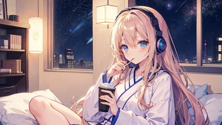 Beautiful girl drinking coffee while listening to music with headphones in her room。Starry sky outside。Japanese anime style