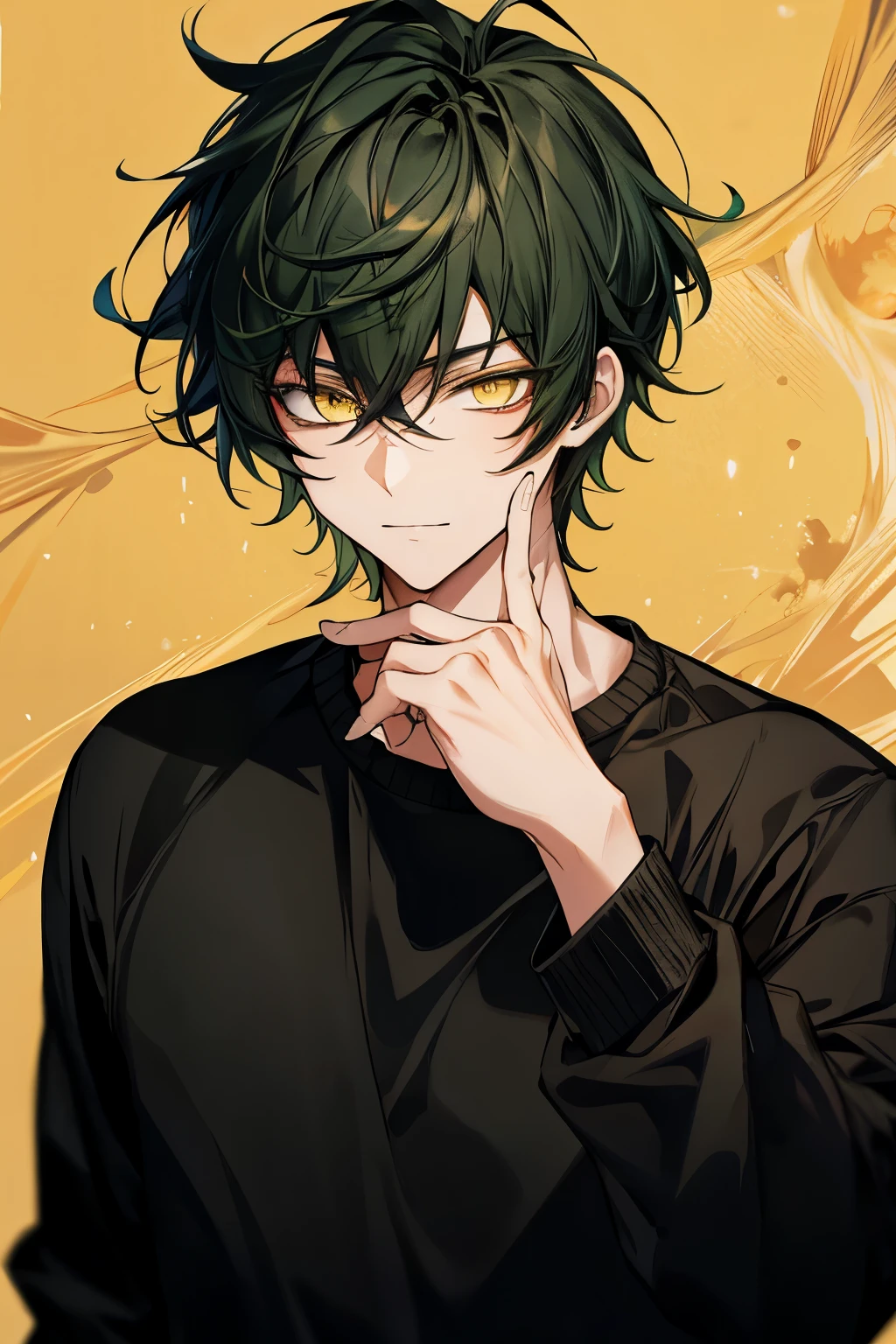 Masterpiece, highres, best quality, solo, 1 male, medium hair, black hair with green hair, yellow eyes, black shirt, white sweater