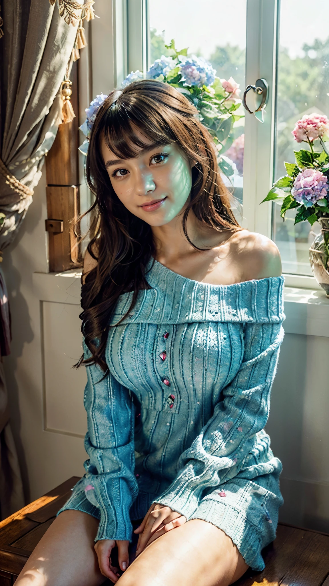 (realistic:1.3), finely detailed, quality, rembrandt lighting, (masterpiece:1.2), (photorealistic:1.2), (best quality), (detailed skin:1.3), (intricate details), dramatic, ray tracing, 1girl, japanese girl, 21 years old, detailed skin texture, (blush:0.5), (goosebumps:0.5), subsurface scattering, smiling, huge breasts, long hair, bangs, hair between eyes, (one-shoulder off, sweater dress:1.2), windowsill, (vine:1.1), window, curtains, (blue and pink hydrangeas:1.1), sitting, (bright sunny day),
