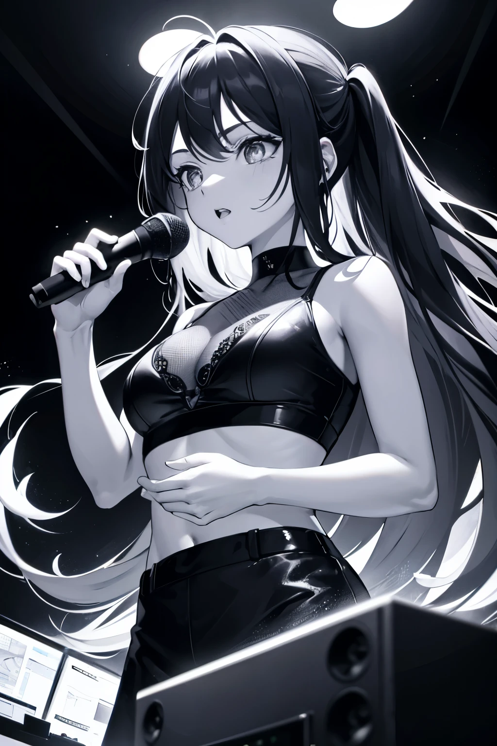 The fusion of sound and microphone is captured in this stunning black and white masterpiece. The image features a state-of-the-art microphone, exuding top-quality craftsmanship and attention to detail. The intricate design of the microphone is highlighted by the monochromatic tones, creating a visually striking contrast. The background showcases a variety of shades and shadows, adding depth and dimension to the composition. The impeccable clarity and resolution of the image make it a top-quality choice for any audio enthusiast or artist.