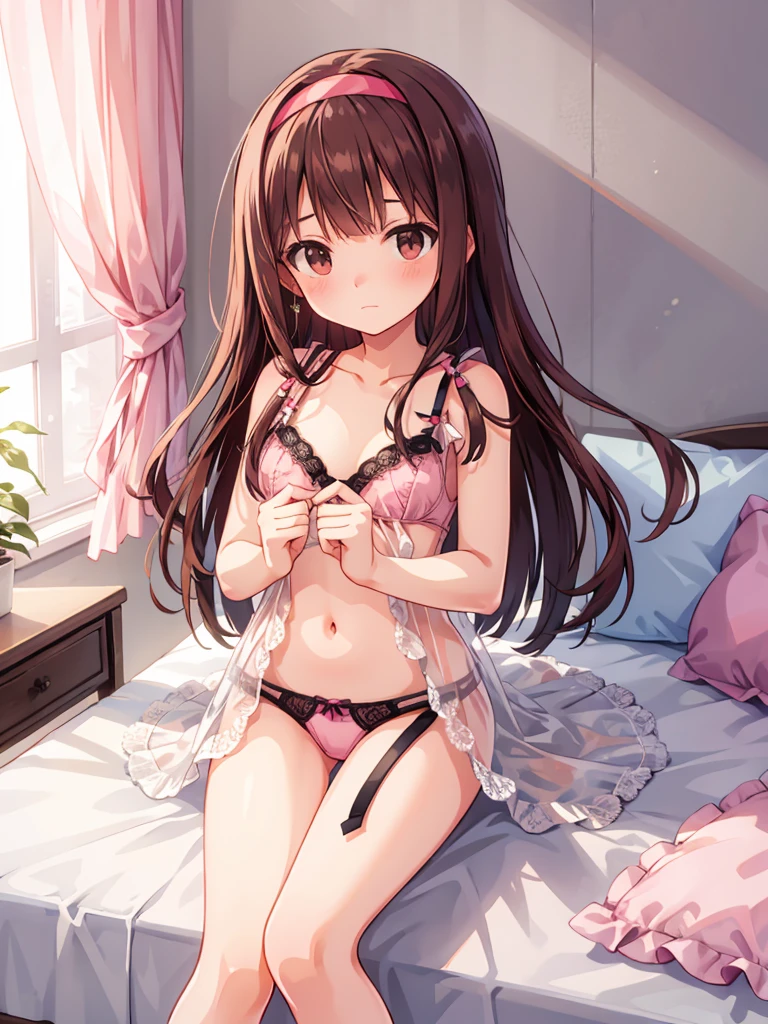 masterpiece, beautiful illustrations, highest quality, pretty girl, 1girl, Bedroom, pastel colour, (two-separated lingerie), cute lingerie, reddish brown long hair, headband, bright lighting, presenting, looking at viewer, on bed, embarrassed