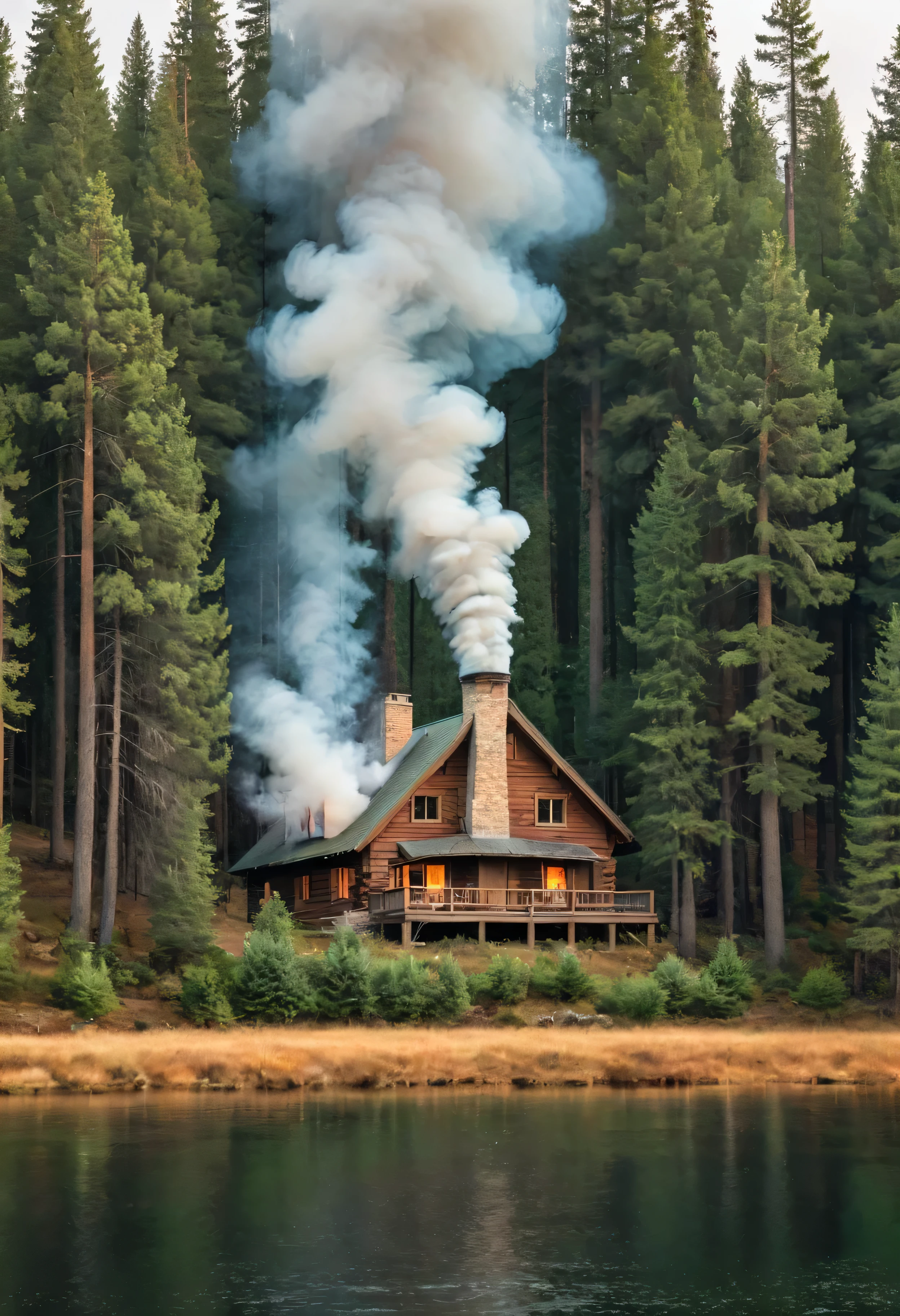 A cozy cabin nestled in a forest clearing, with smoke rising from the chimney, surrounded by towering pine trees and the sound of birds chirping.