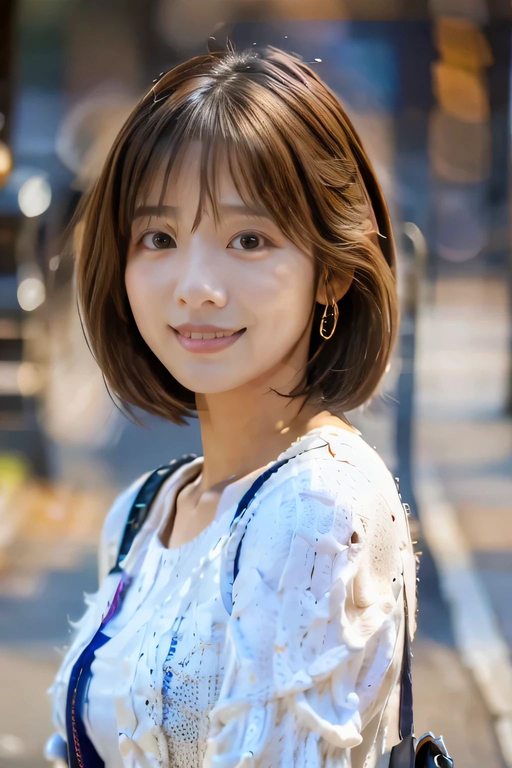 18 year old girl,(Cute short hair:1.5)、big smile, close up shot,