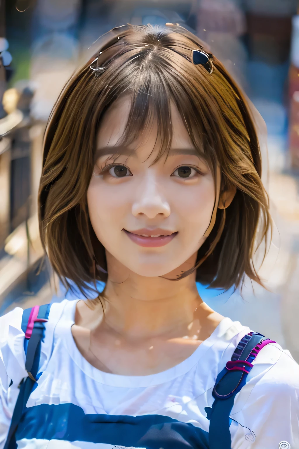 18 year old girl,(Cute short hair:1.5)、big smile, close up shot,