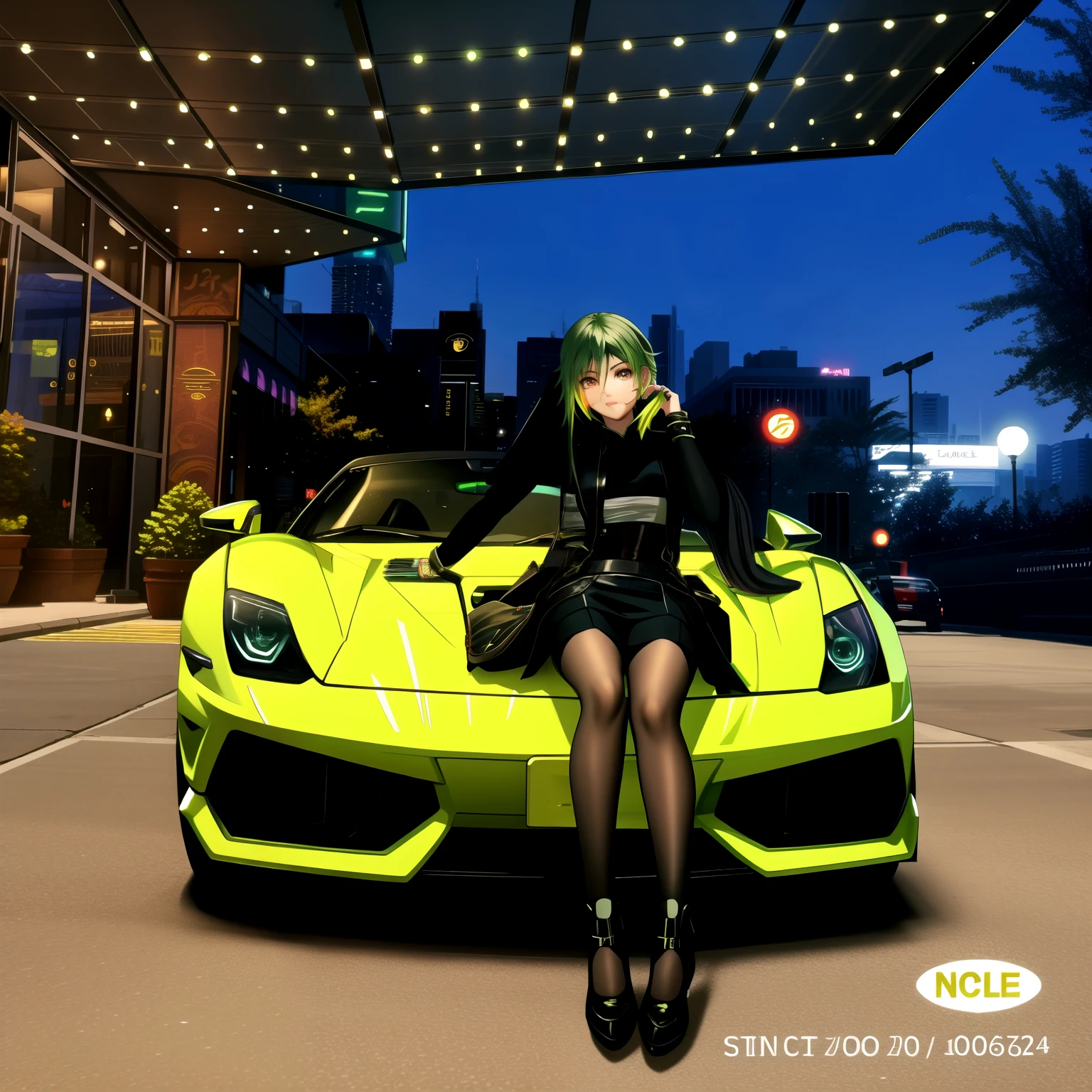 araffe sitting on a green sports car in front of a hotel, 2263539546], 🪔 🎨;🌞🌄, lamborghini, ¯_(tsu)_/¯, 🔥 😎 🕹️ 👀 :2, bold lamborghini style, full body xianxia, 🤬 🤮 💕 🎀, with neon lights