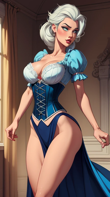 Dynamic pose Cinderella character with corset and beautiful breasts well-defined body delicate and sensual Cartoon style digital illustration