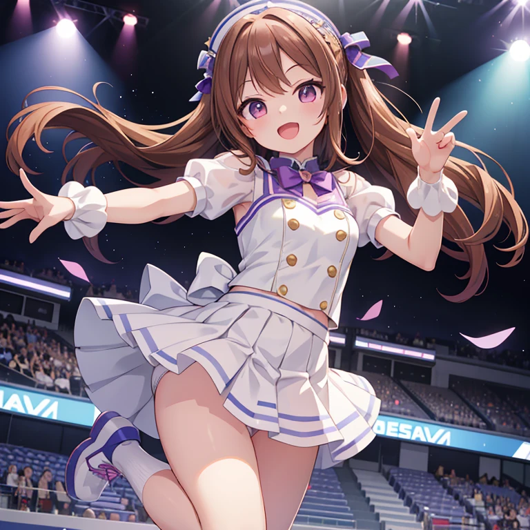 THE IDOLM@STER,idol costume,Photo session with fans,Idol Posing,,2girl,small breasts,anime style,highest quality,stage,mini skirt,white underwear,Jumping high,Smile cheerfully,random pose,She&#39;s kicking high and her underwear is showing