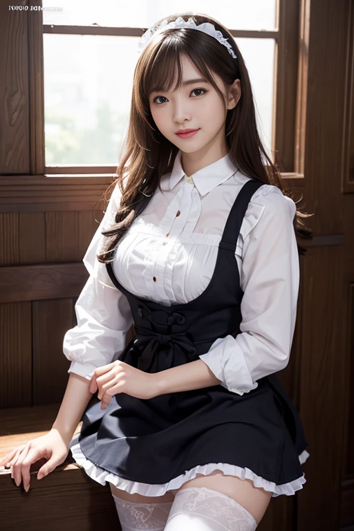 Ultra-realistic 8k cg、絵に描いたようなperfectionな顔、perfection、clean、masterpiece、professional artwork、famous works、perfectionな顔、beautiful expression、beautiful eyes、((perfectionな女性の身体))、solo、(An immersive atmosphere、chiaroscuro:1.5、brighter light:1.2、bright lighting) 、maid、pinafore、(セクシーなmaid服:1.2)、laughter、big breasts、 Beautiful and detailed background、Depth of the bounds written、Mansion rooms、realistic:1.3、long shot、1 girl、headdress、black skirt、garter stockings、Full body Esbian、 (ambient light:1.3)、(movie-like works:1.3)、(neon light:0.1)、(nffsw:0.1)、accent lighting、With bangs