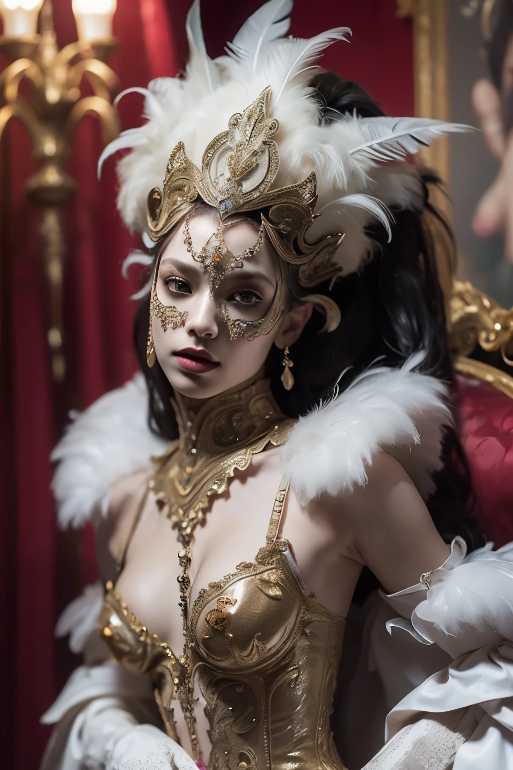 Beautiful Alluring female wearing a featherd dress and an ornamental venetian masquarade mask, Bare Skin, Body Covered With Jewels, Athletic Well Toned Body, Elegant Form, Bare Skin, Inside A palace Room, Barely Clothed, cleavage, vissible breasts, , long feathered gloves, thigh high feathered boots, Beautiful Face, Ominous Gothic Theme, Fiverr Dnd Character, Octane Render, Digital Art, Extreme Detail, 4k, Ultra Hd, Polished, Beautiful, Hyperdetailed, Intricate, Elaborate, Meticulous, Photorealistic, Sharp Focus, Wlop, Character Design, Unreal Engine, 3d Rendered, Volumetric Lighting, Reflections, Glossy, Digital Illustration, Pose, Suggestive Pose, Lewd, Full Body Shot, very small breasts, a cup breast size, naked, vissible nipples, puffy vagina, pierced nipples, nipple jewellry anatomically correct 💖❤💕💋❣